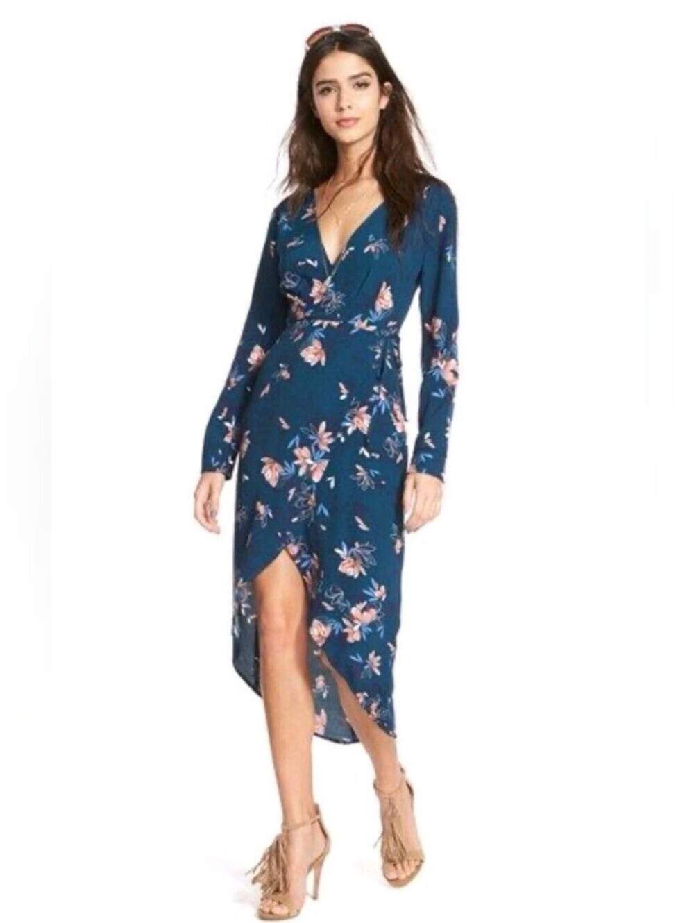 Astr The Label Floral Faux Wrap Dress in Teal Blue with Pink Blossoms Sz XS